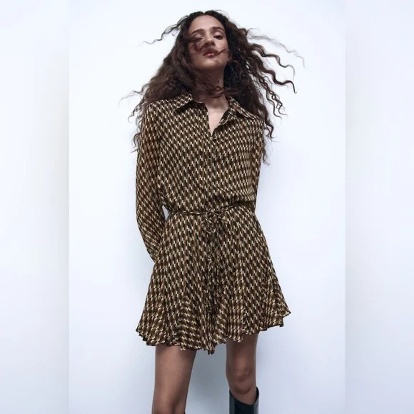 Zara Retro Geo Print Black Brown and Gold Lurex Ruffled Skater Mini Dress Zara Retro Geo Print Black Brown and Gold Lurex Ruffled Skater Mini Dress